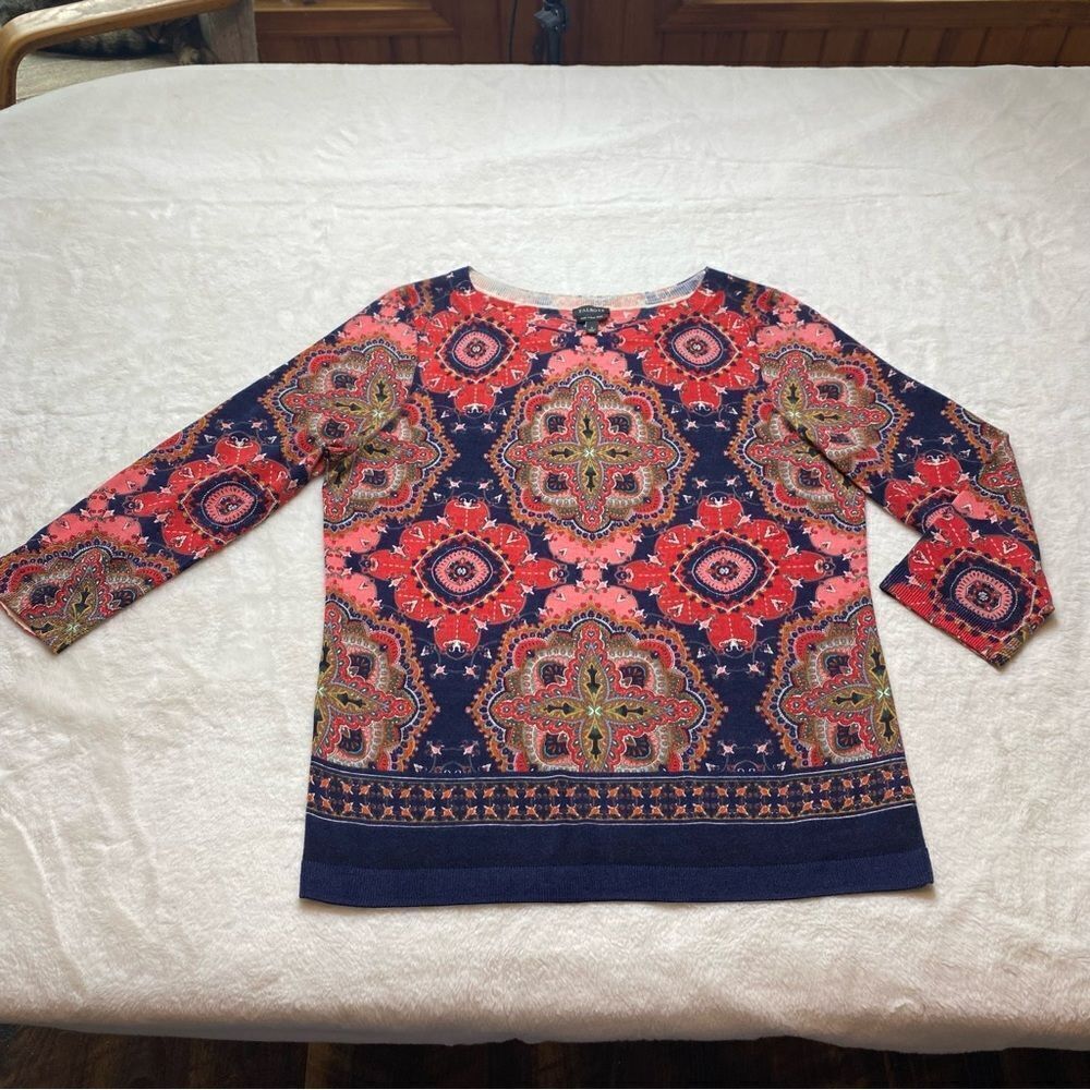 Talbots 100% Pure Merino Wool Colorful 3/4 Sleeve Crew Neck Sweater Size Large
